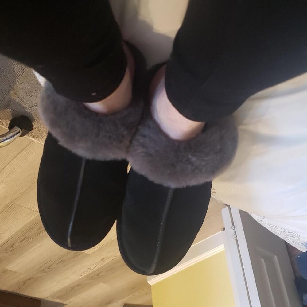 🆕Women's Black/Grey Imported Sheepskin Dyed Sheep Fur Suede upper Slipper